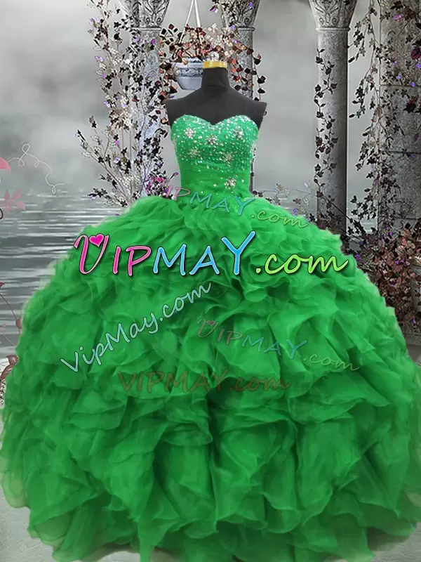 Sexy Green Lace Up Quince Ball Gowns Beading and Ruffles Sleeveless Floor Length