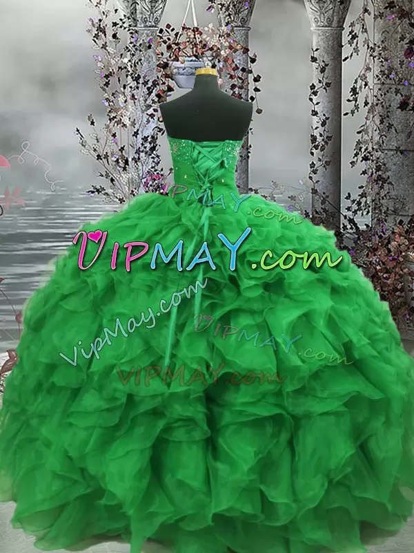 Sexy Green Lace Up Quince Ball Gowns Beading and Ruffles Sleeveless Floor Length