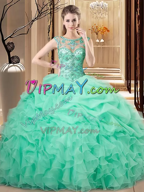 Perfect Apple Green Organza Lace Up Scoop Sleeveless Floor Length Ball Gown Prom Dress Beading and Ruffles