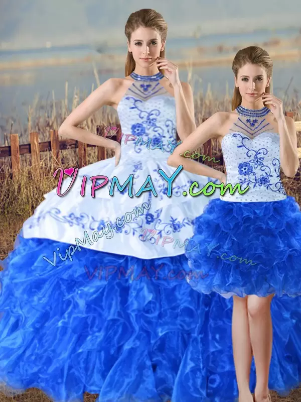 Blue And White Sleeveless Organza Lace Up Sweet 16 Dress for Sweet 16 and Quinceanera