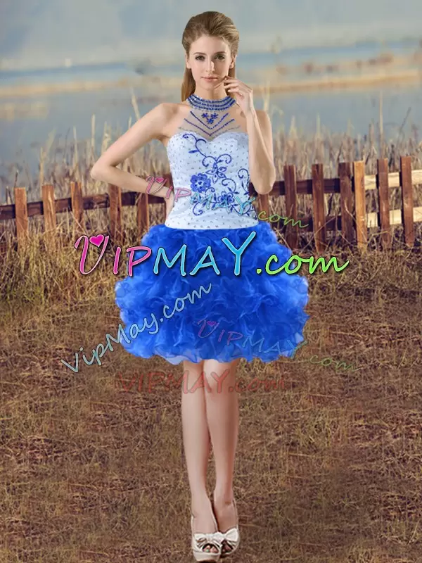 Blue And White Sleeveless Organza Lace Up Sweet 16 Dress for Sweet 16 and Quinceanera