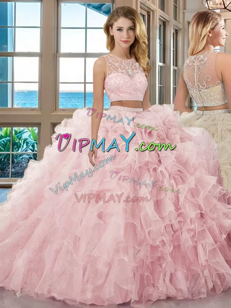 Baby Pink Two Pieces Organza Scoop Sleeveless Beading and Ruffles Floor Length Zipper Quinceanera Gown