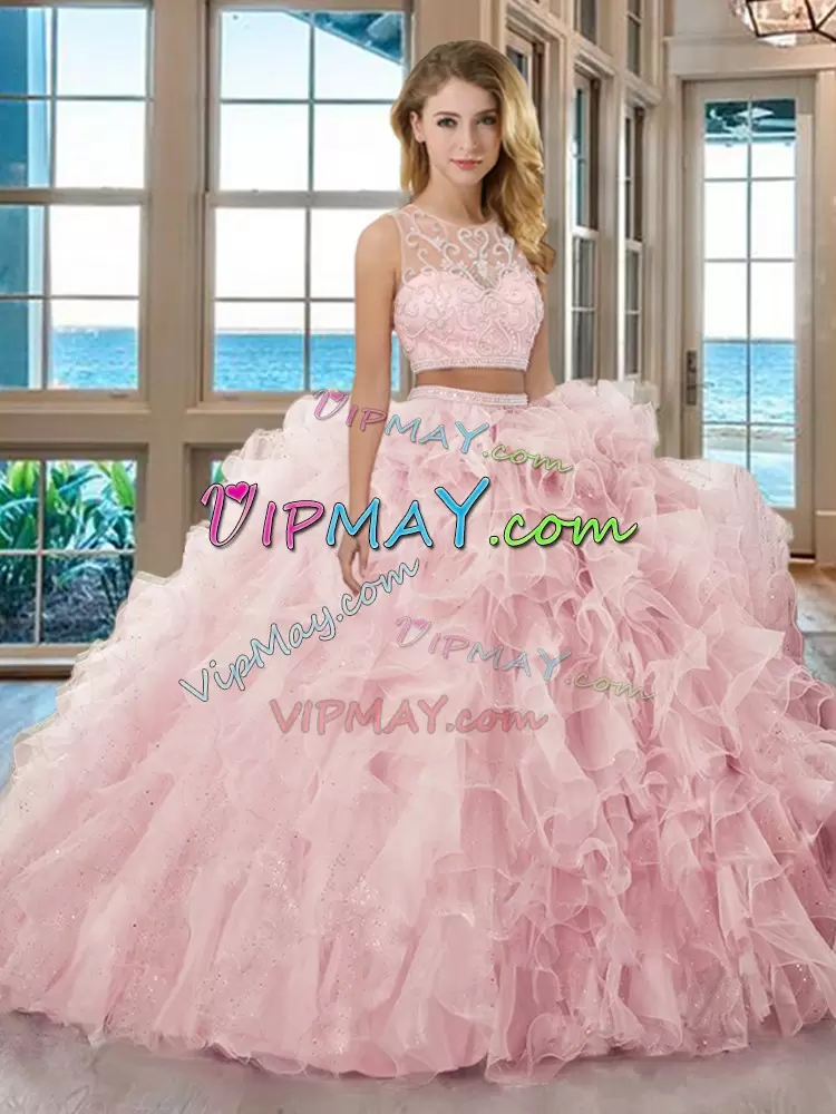 Baby Pink Two Pieces Organza Scoop Sleeveless Beading and Ruffles Floor Length Zipper Quinceanera Gown