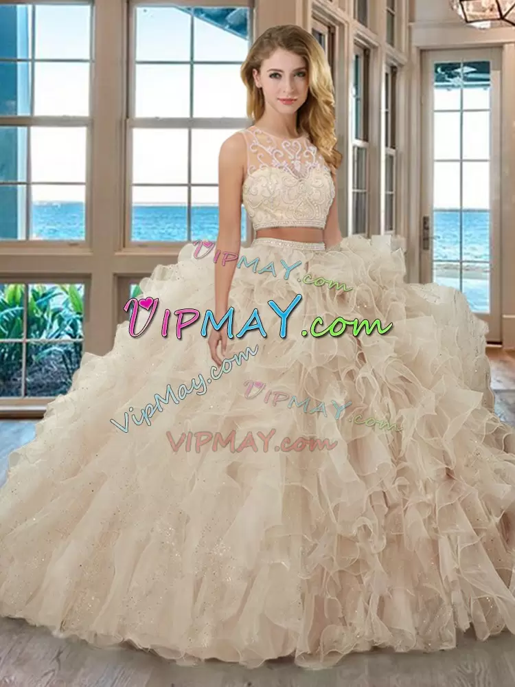 Baby Pink Two Pieces Organza Scoop Sleeveless Beading and Ruffles Floor Length Zipper Quinceanera Gown