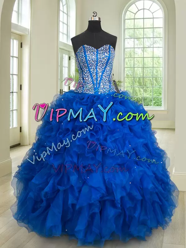 Elegant Beading and Ruffles 15 Quinceanera Dress Royal Blue Lace Up Sleeveless Floor Length