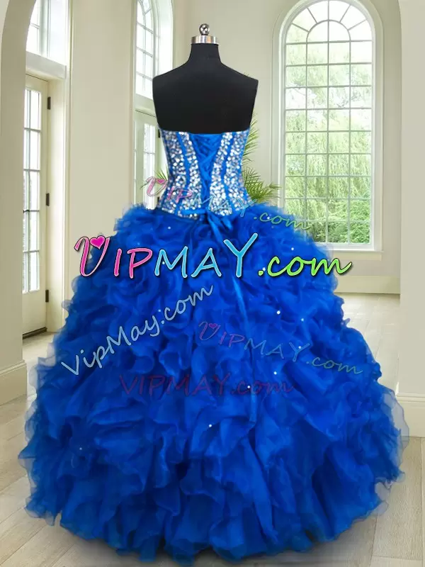 Elegant Beading and Ruffles 15 Quinceanera Dress Royal Blue Lace Up Sleeveless Floor Length