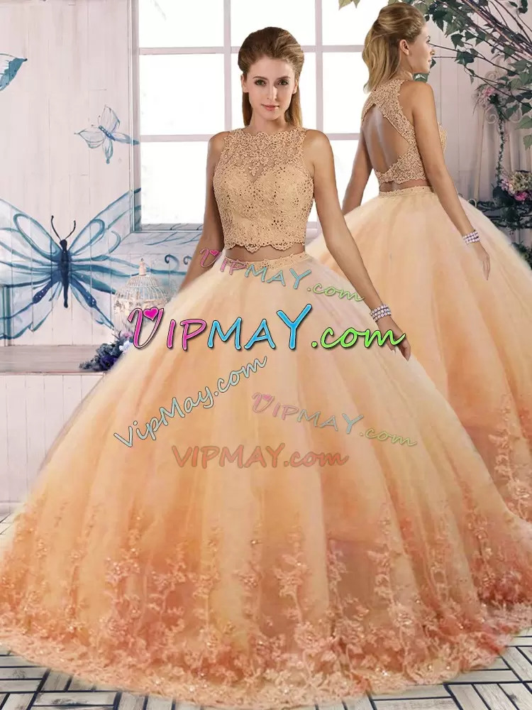 Backless Sweet 16 Dresses Peach for Military Ball and Sweet 16 and Quinceanera with Lace Sweep Train