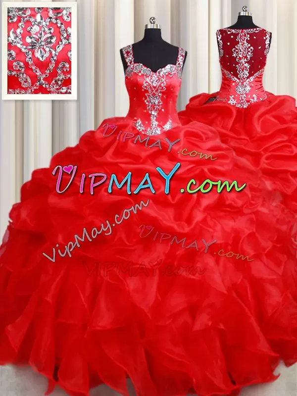 Red Zipper Straps Beading and Ruffles Vestidos de Quinceanera Organza Sleeveless