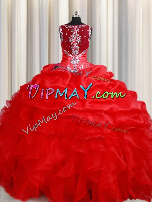 Red Zipper Straps Beading and Ruffles Vestidos de Quinceanera Organza Sleeveless