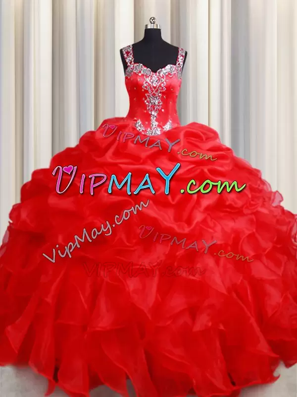 Red Zipper Straps Beading and Ruffles Vestidos de Quinceanera Organza Sleeveless