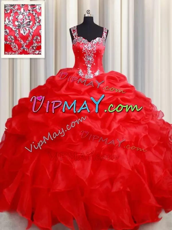 Red Zipper Straps Beading and Ruffles Vestidos de Quinceanera Organza Sleeveless