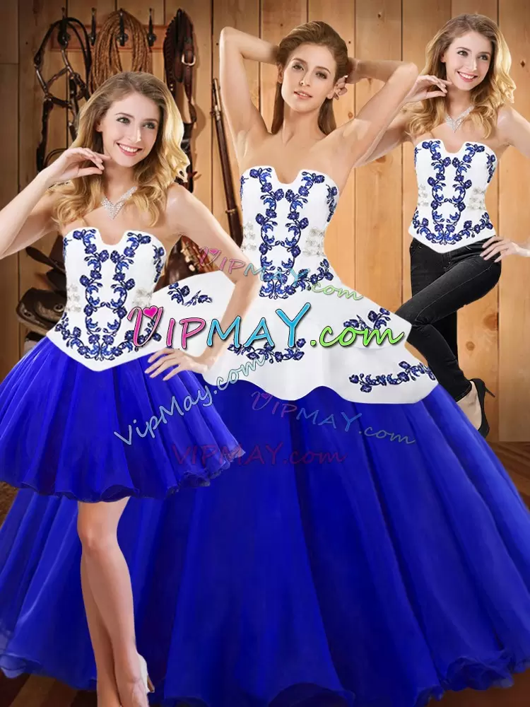 Floor Length Royal Blue 15 Quinceanera Dress Tulle Sleeveless Embroidery