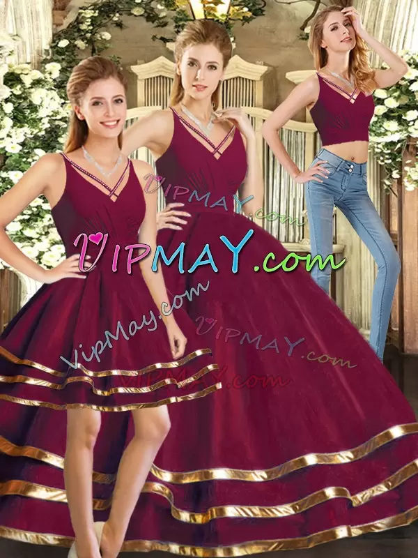 Floor Length Burgundy Quinceanera Gown V-neck Sleeveless Backless