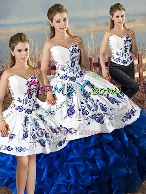 Sweet Sleeveless Satin and Organza Floor Length Lace Up Vestidos de Quinceanera in Blue And White with Embroidery and Ruffles