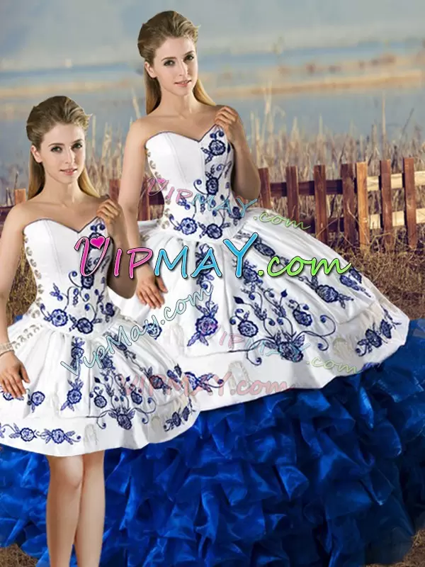 Sweet Sleeveless Satin and Organza Floor Length Lace Up Vestidos de Quinceanera in Blue And White with Embroidery and Ruffles