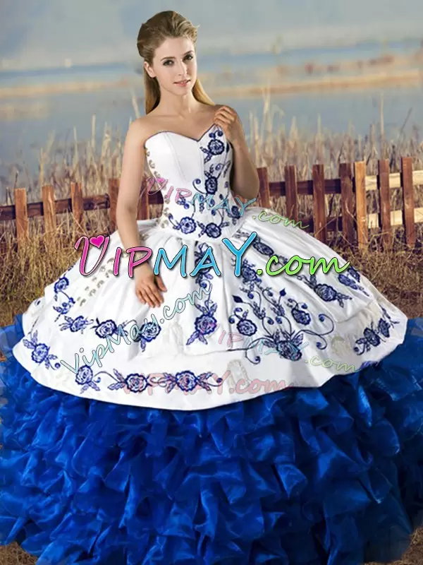 Sweet Sleeveless Satin and Organza Floor Length Lace Up Vestidos de Quinceanera in Blue And White with Embroidery and Ruffles