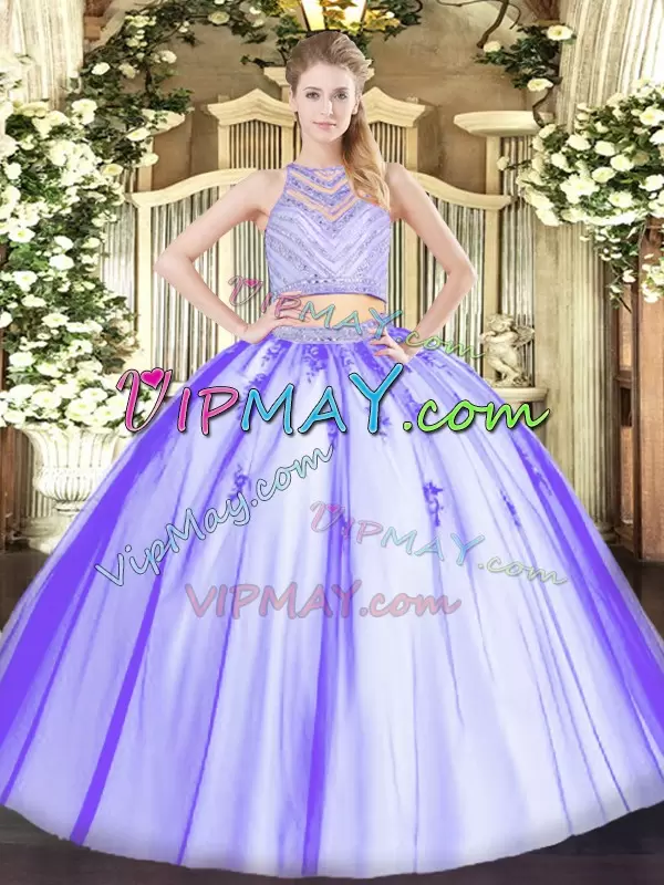 On Sale Floor Length Lavender Vestidos de Quinceanera Scoop Sleeveless Zipper