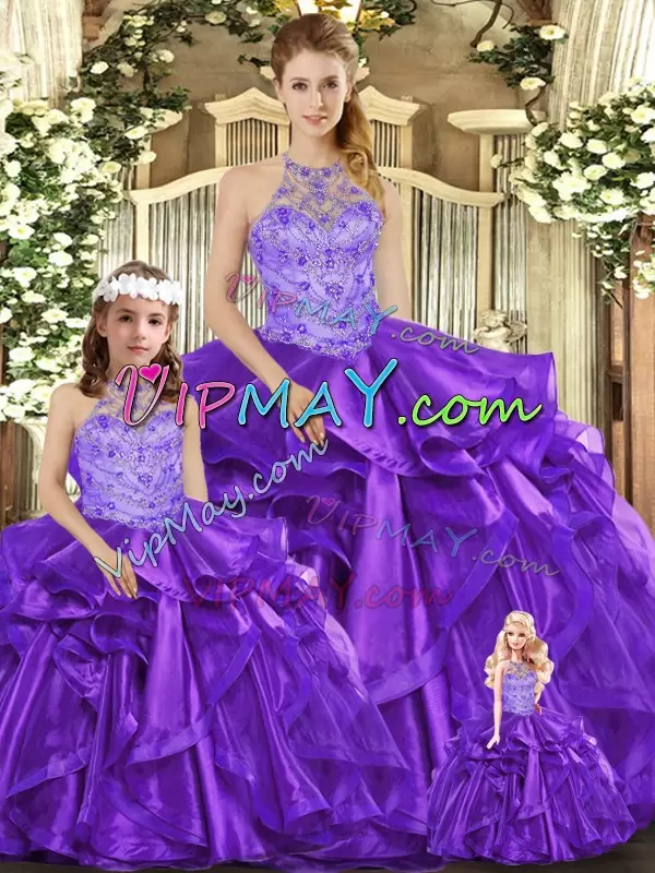Low Price Purple Organza Lace Up Quinceanera Gown Sleeveless Floor Length Beading and Ruffles