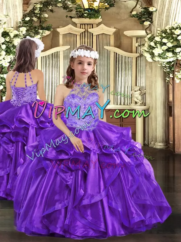 Low Price Purple Organza Lace Up Quinceanera Gown Sleeveless Floor Length Beading and Ruffles