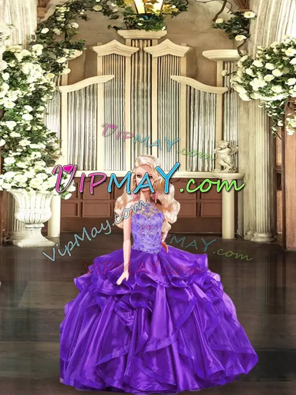 Low Price Purple Organza Lace Up Quinceanera Gown Sleeveless Floor Length Beading and Ruffles