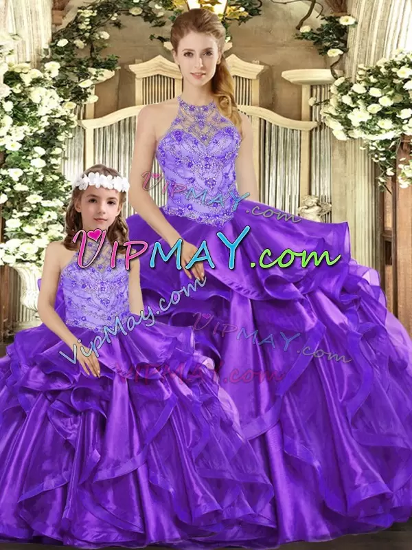 Low Price Purple Organza Lace Up Quinceanera Gown Sleeveless Floor Length Beading and Ruffles