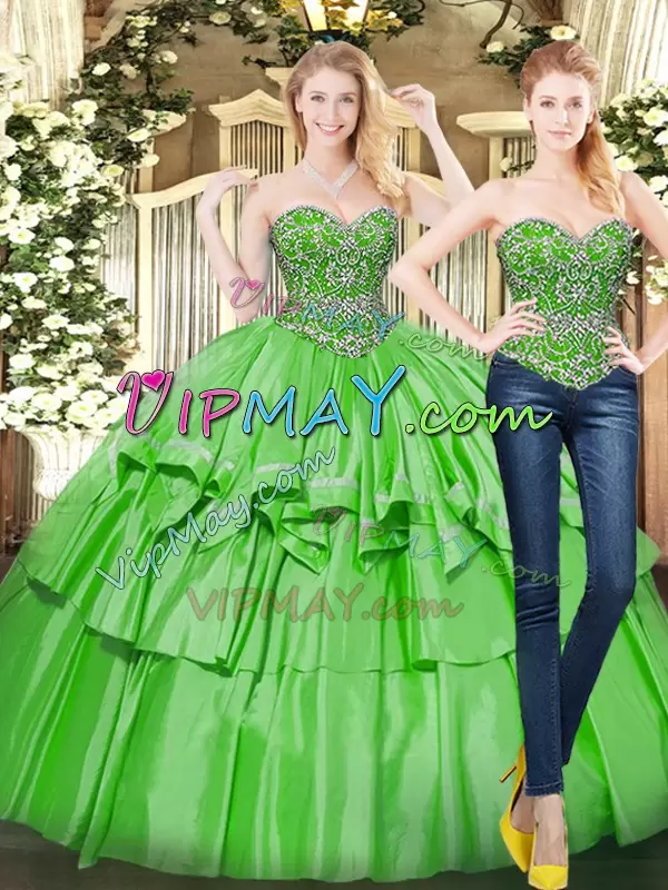 Glamorous Green Sleeveless Beading and Ruffled Layers Floor Length Ball Gown Prom Dress