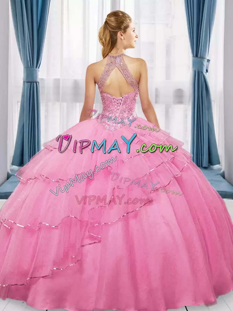 Gold 15 Quinceanera Dress Sweet 16 and Quinceanera with Beading and Ruffles High-neck Sleeveless Lace Up