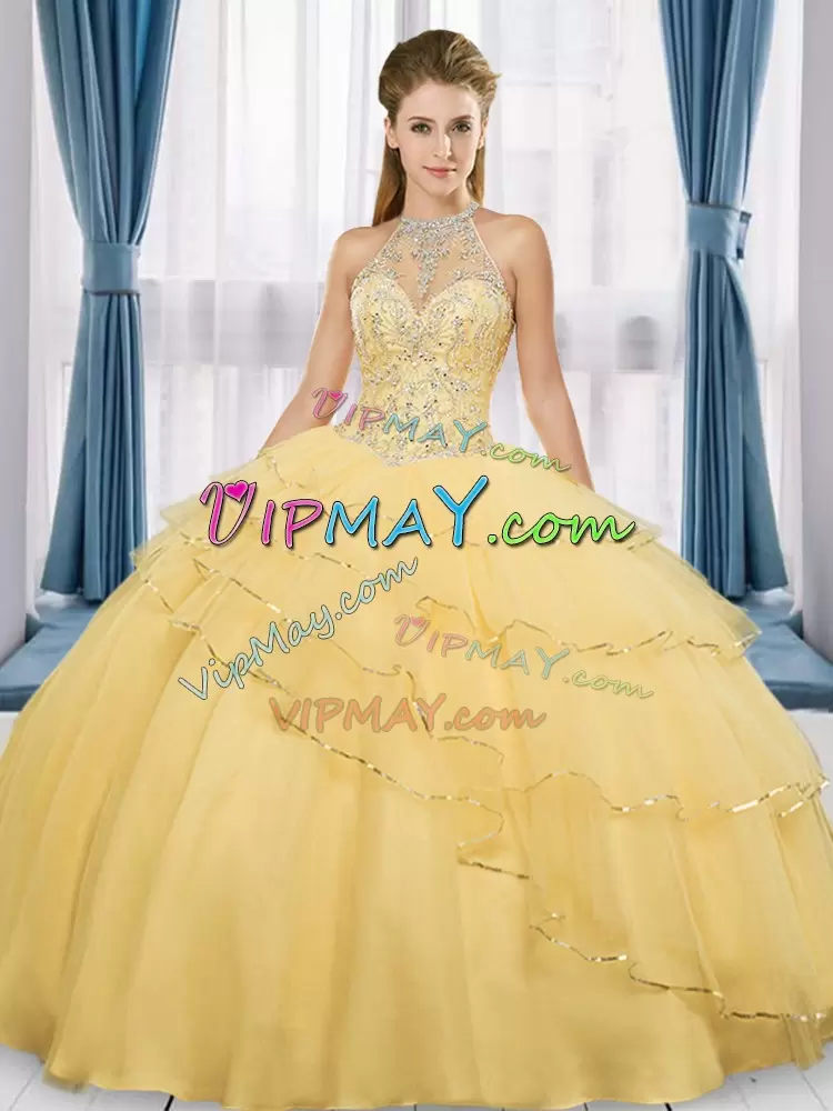 Gold 15 Quinceanera Dress Sweet 16 and Quinceanera with Beading and Ruffles High-neck Sleeveless Lace Up