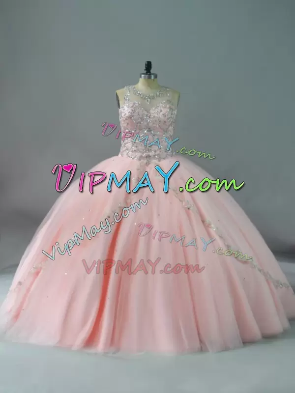 Peach Lace Up Quinceanera Dresses Beading Sleeveless