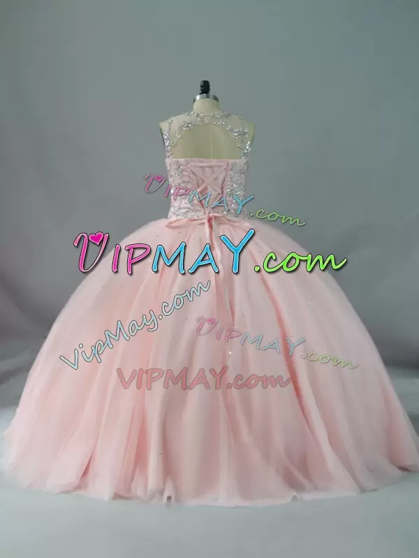 Peach Lace Up Quinceanera Dresses Beading Sleeveless