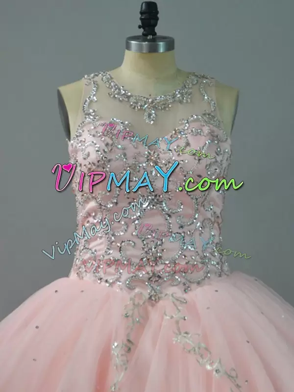 Peach Lace Up Quinceanera Dresses Beading Sleeveless