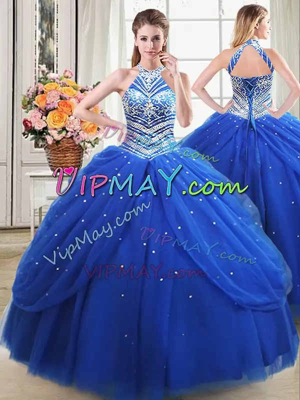 Fine Halter Top Sleeveless Tulle Vestidos de Quinceanera Beading and Pick Ups Lace Up