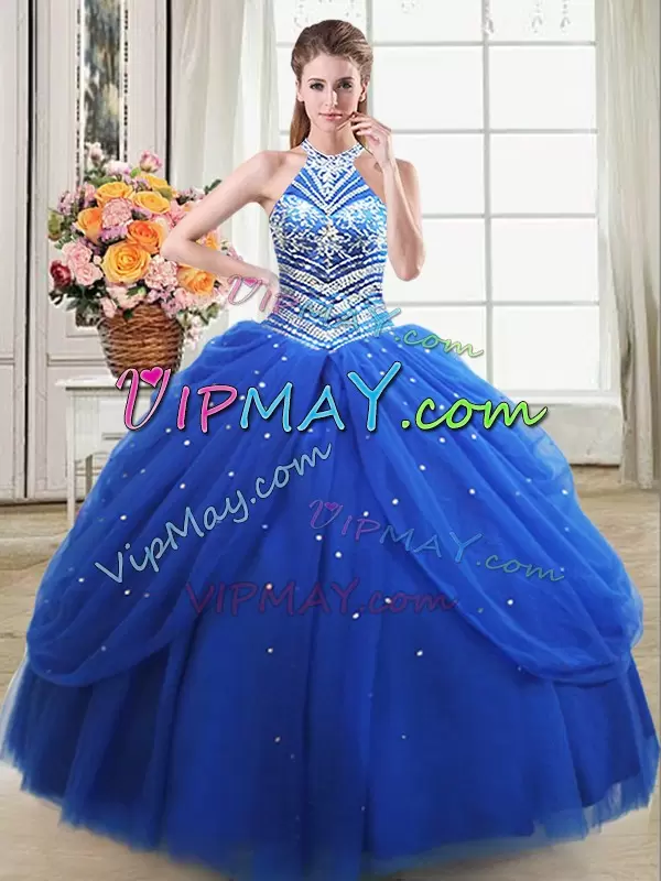 Fine Halter Top Sleeveless Tulle Vestidos de Quinceanera Beading and Pick Ups Lace Up