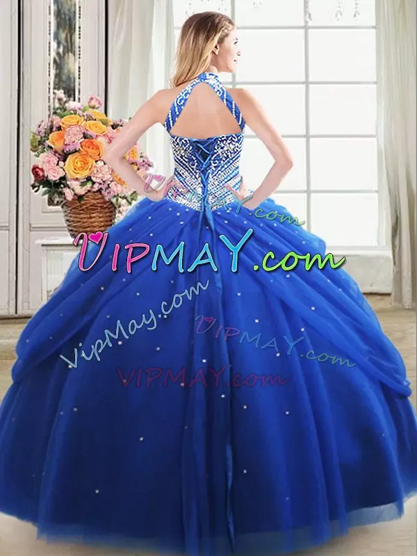 Fine Halter Top Sleeveless Tulle Vestidos de Quinceanera Beading and Pick Ups Lace Up