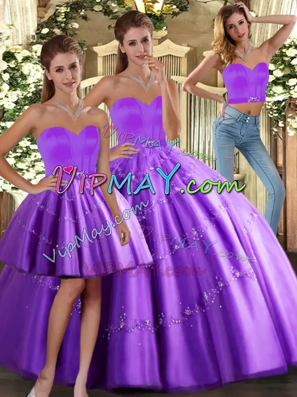 Customized Purple Ball Gowns Tulle Sweetheart Sleeveless Beading Floor Length Lace Up Quinceanera Gowns