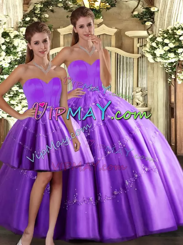 Customized Purple Ball Gowns Tulle Sweetheart Sleeveless Beading Floor Length Lace Up Quinceanera Gowns