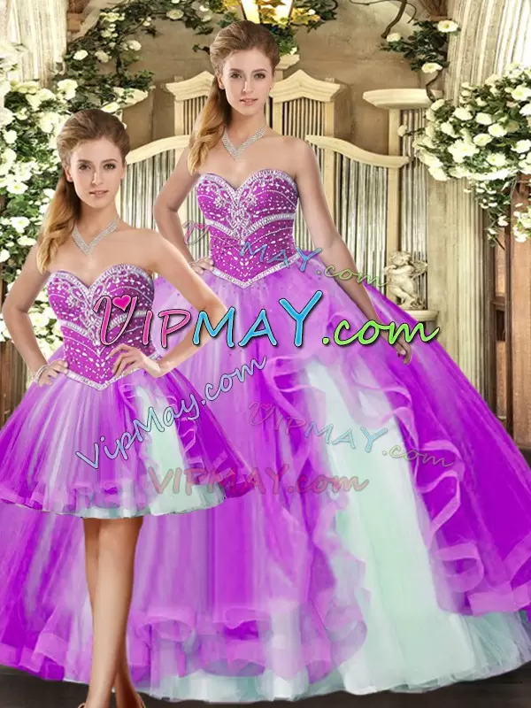 Shining Floor Length Ball Gowns Sleeveless Lilac Sweet 16 Dresses Lace Up