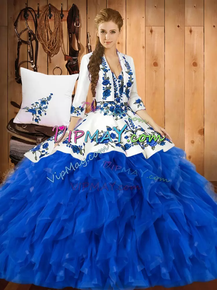 Sweetheart Sleeveless Lace Up 15th Birthday Dress Blue Satin and Organza Ruffles