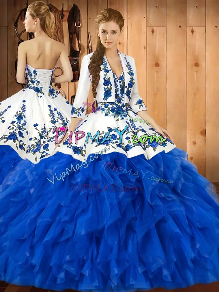 Sweetheart Sleeveless Lace Up 15th Birthday Dress Blue Satin and Organza Ruffles