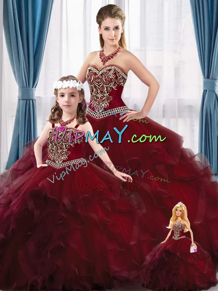 Excellent Sweetheart Sleeveless Tulle Sweet 16 Quinceanera Dress Beading and Embroidery and Ruffles Lace Up