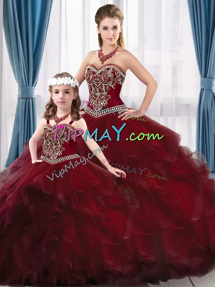 Excellent Sweetheart Sleeveless Tulle Sweet 16 Quinceanera Dress Beading and Embroidery and Ruffles Lace Up