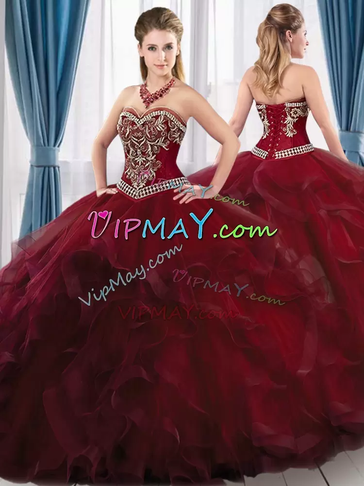 Excellent Sweetheart Sleeveless Tulle Sweet 16 Quinceanera Dress Beading and Embroidery and Ruffles Lace Up