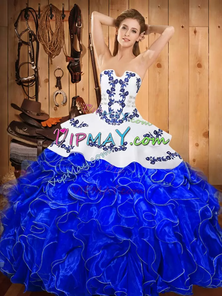 Sleeveless Strapless Lace Up Floor Length Embroidery and Ruffles Sweet 16 Quinceanera Dress Strapless