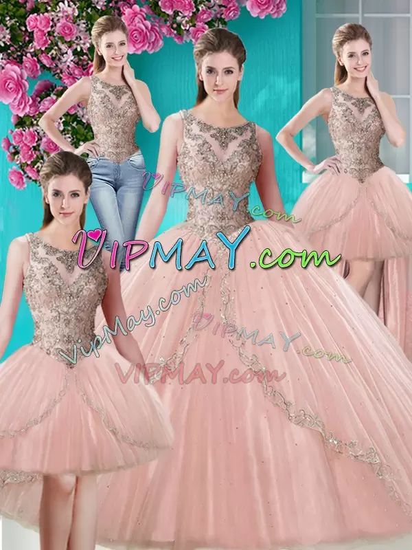 Exceptional Peach Sleeveless Tulle Lace Up Vestidos de Quinceanera for Military Ball and Sweet 16 and Quinceanera