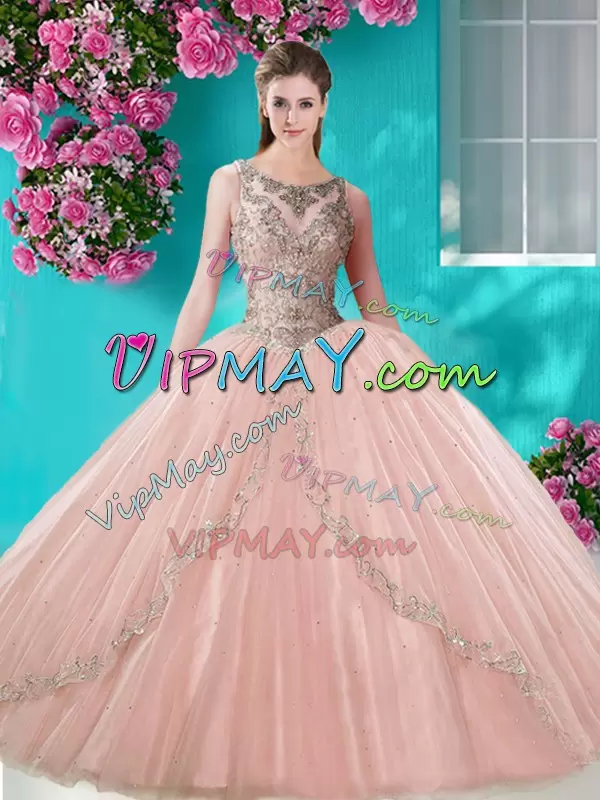 Exceptional Peach Sleeveless Tulle Lace Up Vestidos de Quinceanera for Military Ball and Sweet 16 and Quinceanera