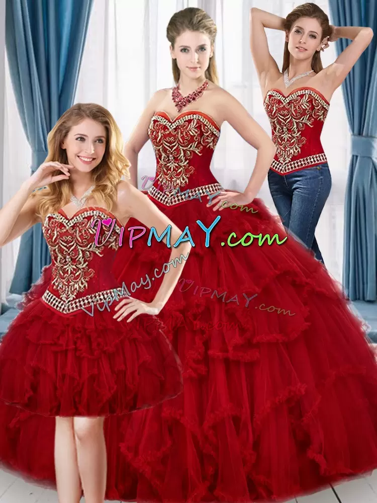 Sweet Red Ball Gowns Tulle Sweetheart Sleeveless Beading and Ruffles Floor Length Lace Up Quince Ball Gowns