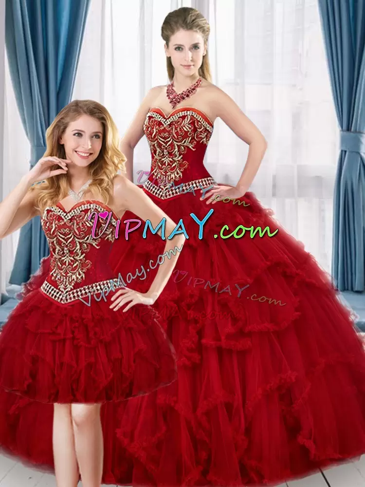 Sweet Red Ball Gowns Tulle Sweetheart Sleeveless Beading and Ruffles Floor Length Lace Up Quince Ball Gowns