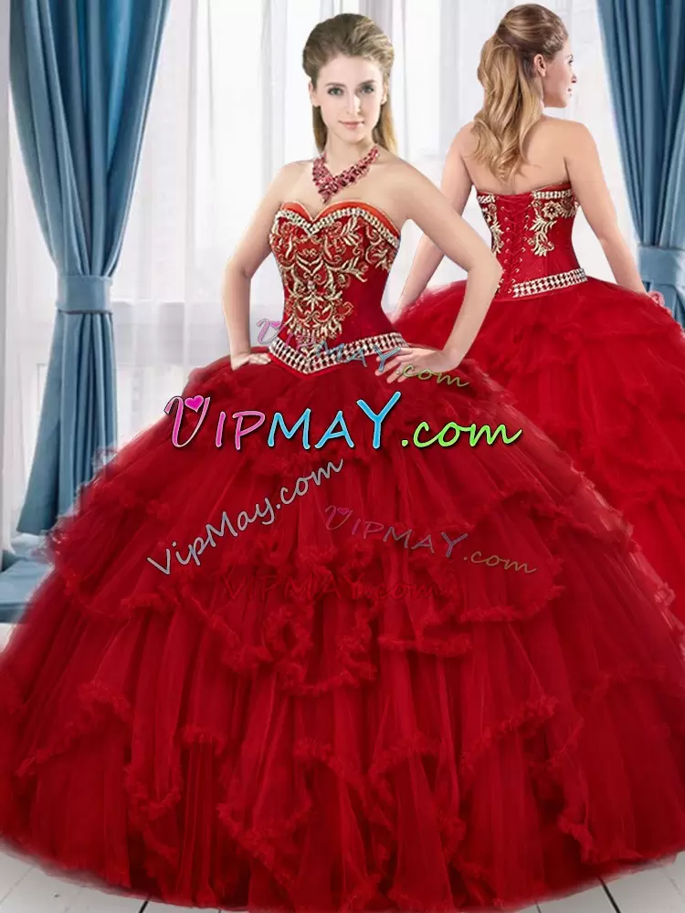 Sweet Red Ball Gowns Tulle Sweetheart Sleeveless Beading and Ruffles Floor Length Lace Up Quince Ball Gowns