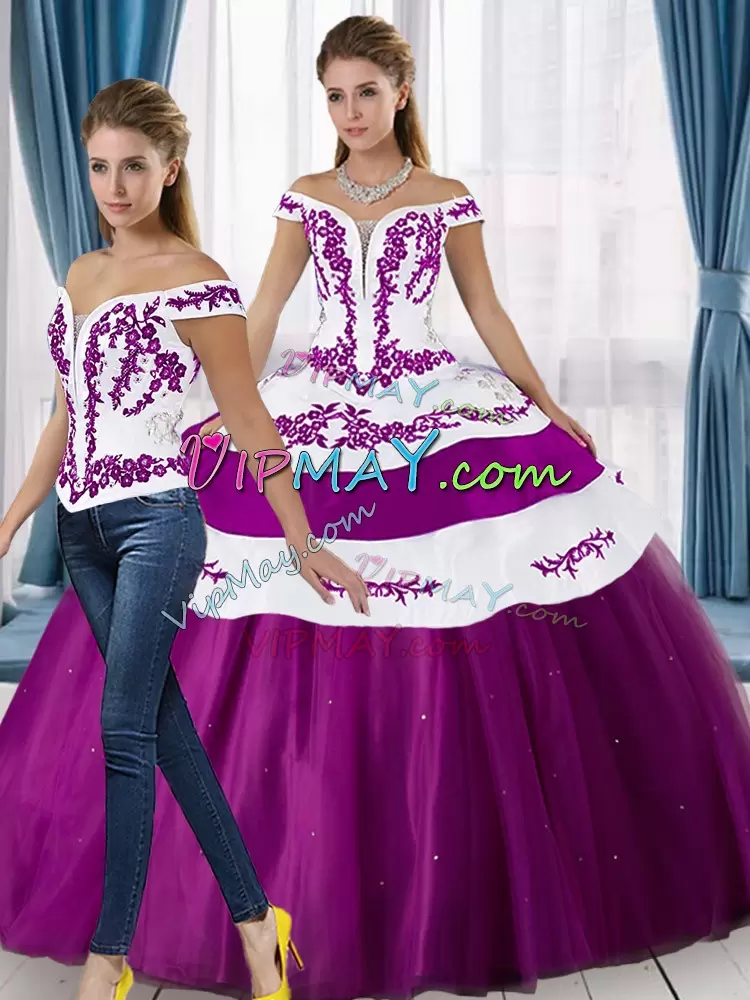 Two Piece White and Purple Off Shoulder Satin Embroidery Quinceanera Dress