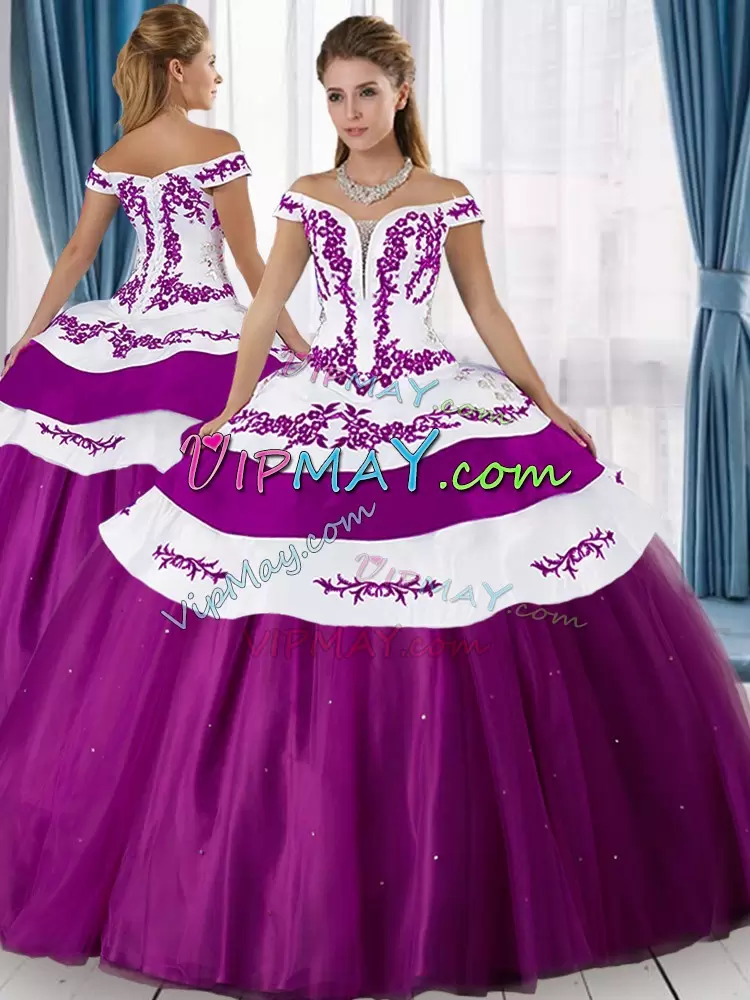 Two Piece White and Purple Off Shoulder Satin Embroidery Quinceanera Dress